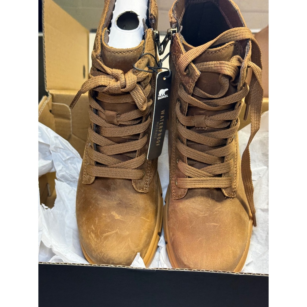 Sorel Hi-Line Lace Combat Boots Waterproof Leather Tan Brown‎ Lug Sole Zip Up